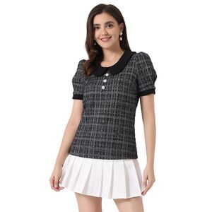 Tweed Top Button Decor Peter Pan Collar Blouse Black